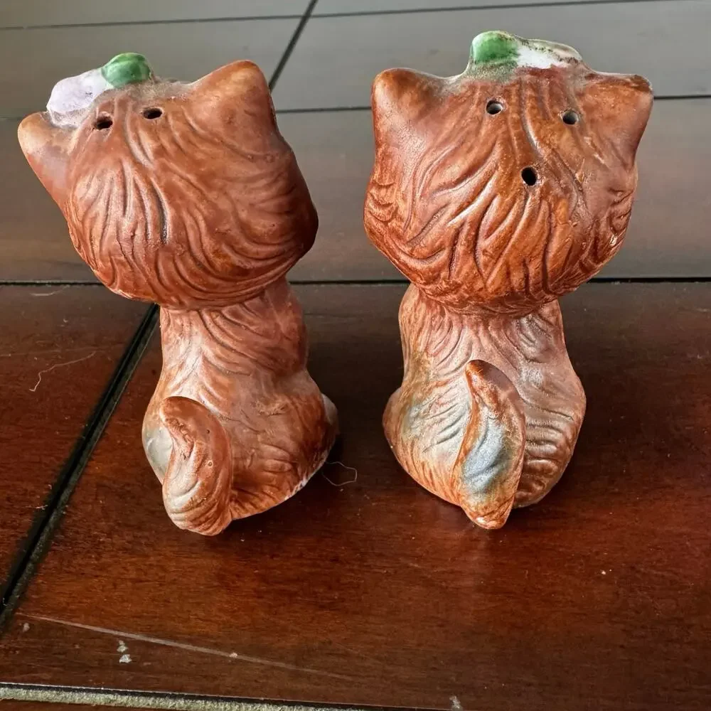 VTG Kitten Cat Anthropomorphic  Salt Pepper Shakers Stoppers MCM Bow Flower - Picture 2 of 13